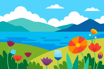 Vector landscape illustration with green meadows, colorful spring and summer flowers, and blue sky with clouds