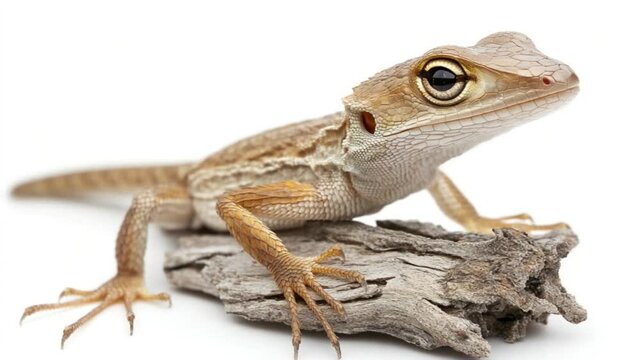 Close-up of a lizard perched on a log, showcasing its intricate textures and colors against a plain background
