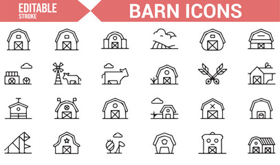 Icons Representing Barns, Agricultural Buildings, and Rural Life