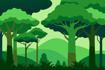 Fototapeta premium Vibrant vector illustration of a summer forest landscape with green trees, grass, and a bright sky