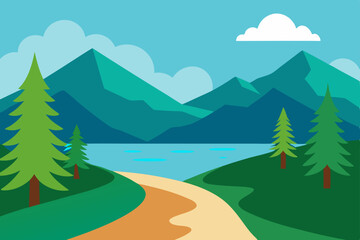 Fototapeta premium Winter mountain landscape vector illustration with snow-covered trees and a clear sky, perfect for a nature scene