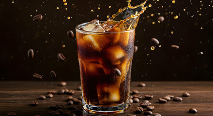 Iced Coffee Splash in Glass with Coffee Beans