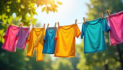 Bright sunshine illuminates a colorful laundry line overflowing with freshly washed clothes, gently swaying in the breeze A perfect summer scene of clean laundry drying outdoors , domestic, clean