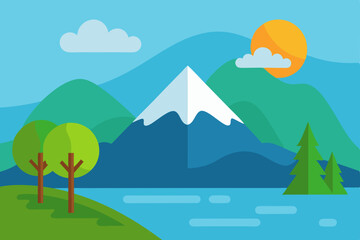 Green summer mountain landscape with trees, hills, and a blue sky with clouds