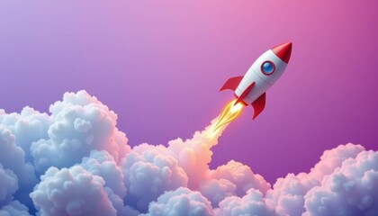 Whimsical Rocket Launching into Colorful Clouds Outer Space Digital Art Dreamy Environment High Perspective