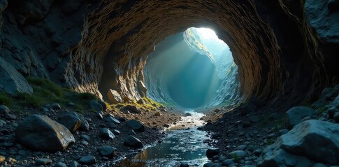A dark, damp tunnel collapses inward, revealing treacherous cracks and unstable rock formations, posing significant danger , mountain, mysterious, disaster
