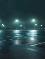 empty parking lot at night with bright lights reflecting on wet asphalt