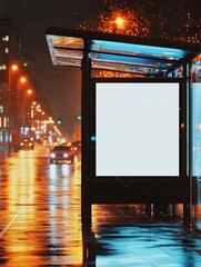 Blank digital billboard on city street at night. Empty white poster at bus stop. Urban advertisement display, commercial promotion. Nighttime lights, vehicle traffic, wet road reflections. Copy space