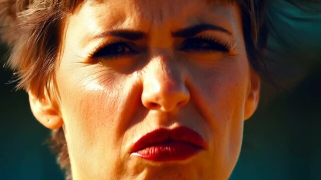 Close-up of woman with short hair standing in direct headwind, wind deforming her cheeks slightly, eyes narrowed, vibrant natural daylight