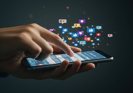 Hand holding smartphone with social media notifications - Powered by Adobe