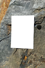 Mockup of white A4 sheet with shadows on large mountain stones in diffused sunlight. Layout of poster on stone background. White blank with space for text or design