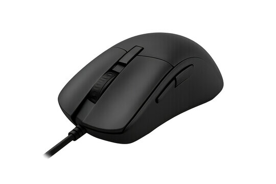 Modern black wired ergonomic mouse isolated on transparent background, perfect for graphic design projects