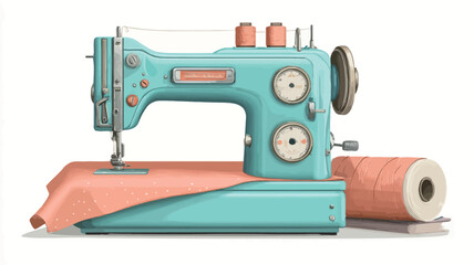 Fototapeta premium A digital illustration of a vintage, teal-colored sewing machine is depicted in a three-quarter view. The machine sits on a white background, with a portion of peach-colored fabric draped over its