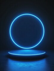 3D blue podium with neon light circle glows behind a podium in a dark room, technology concept, product display, mockup, showroom, showcase
