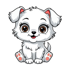 Fototapeta premium A cute, fluffy white puppy with large, expressive eyes sits adorably in the center of the image.