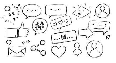 Fototapeta premium Hand-drawn social media icons featuring likes, shares, comments, and user profiles ideal for marketing and web design projects.