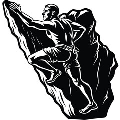 Fototapeta premium Climber Ascending Sheer Rock Face Black and White Illustration