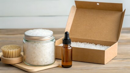 Scene with bath ritual: sea salt jar, brush, aromatherapy oil and open kraft box for branding overlay
