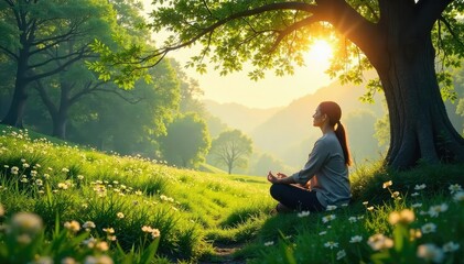 Serene landscape bathed in sunlight, perfect for mindful meditation amidst tranquil nature Find inner peace surrounded by lush greenery and calming natural sounds , plants, earth, zen