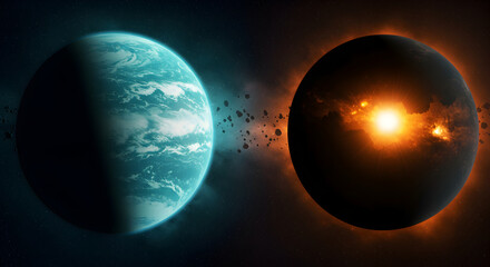 Fototapeta premium Celestial Confrontation: A Vivid Depiction of Dual Planets in Cosmic Contrast