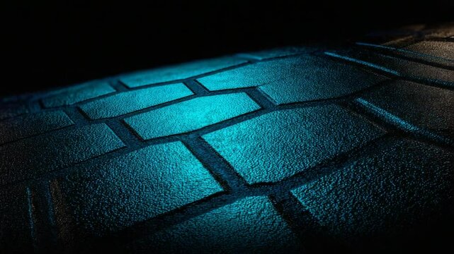 Futuristic glowing cobblestone pavement illuminated in neon blue light, science fiction path