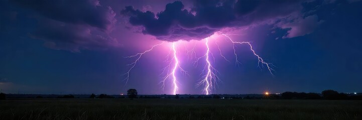 A dramatic, powerful lightning bolt striking the ground during a nighttime thunderstorm The vibrant flash illuminates the dark landscape with intense light , natural disaster, thunder