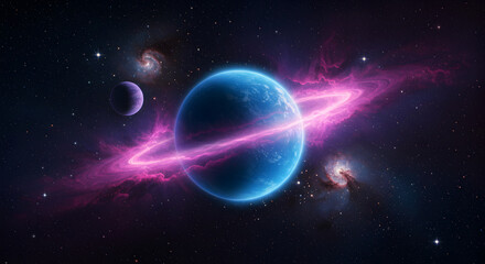Fototapeta premium Celestial Symphony: A Cosmic Tableau Featuring a Ringed Planet and Stellar Nebulae