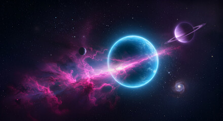 Cosmic celestial display featuring vibrant planets and nebulae in a vast universe