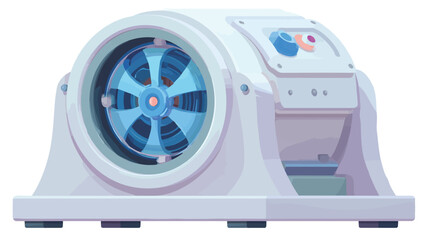 A digitally rendered image of a small, cylindrical industrial fan or blower. The machine is predominantly white with light blue accents on the fan blades inside a circular housing. 