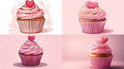 Four illustrations of cupcakes, each with pink and red frosting, topped with a heart-shaped candy, on various pastel backgrounds