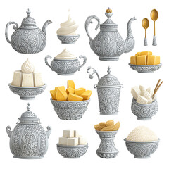 Isolated Transparent Isolated Transparent Elegant silver tea set and sugar bowls showcasing exquisite craftsmanship. PNG die-cut element for advertising PNG die-cut element for advertising