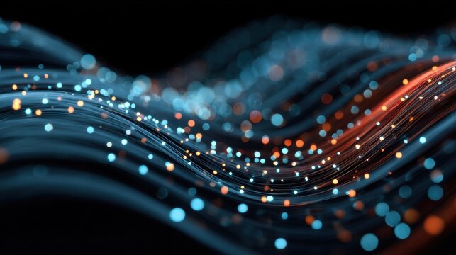 Abstract Wavy Lines with Glowing Points in Blue and Orange - Powered by Adobe