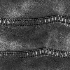 Seamless 4k photo texture material of polished black leather surface with ornate stitching pattern.