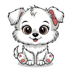 Fototapeta premium A cute, fluffy white puppy with large, expressive eyes sits adorably in the center of the image.