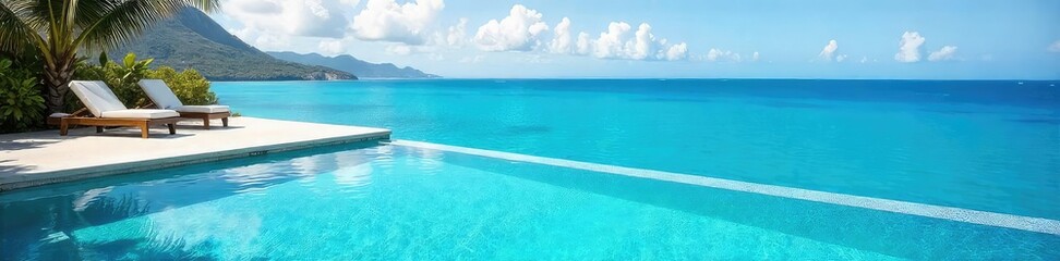 Crystal-clear water laps gently against the edge of a luxurious infinity pool, seamlessly blending with the vast, breathtaking ocean horizon A tranquil paradise awaits , relaxation, clear water