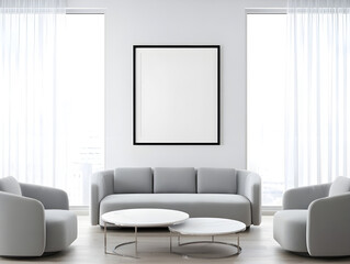 Horizontal frame mockup on grey wall. ISO paper poster in cozy living area. 3D modern interior.