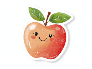 Cute apple sticker with smiling face, vibrant colors, and green leaves, perfect for adding cheerful touch to any surface