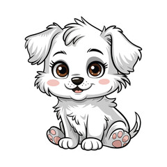 A cute, fluffy white puppy with large, expressive brown eyes and a small black nose sits attentively.