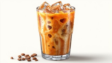 A refreshing glass of iced coffee with milk, served over ice cubes and accompanied by coffee beans.