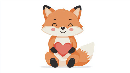Obraz premium Cute cartoon fox holding heart, smiling joyfully. This adorable character embodies warmth and affection, perfect for various designs