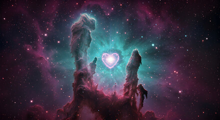 Obraz premium Cosmic Pillars Embrace Glowing Heart in a Nebula's Vibrant and Mysterious Realm