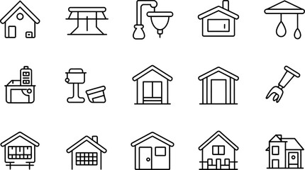 Collection of various architectural and gardening icons in minimalistic outline style