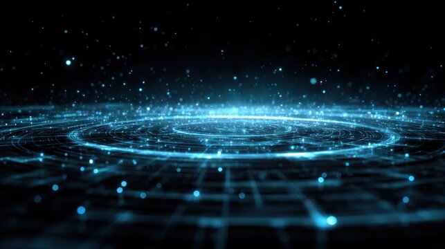 Abstract digital network with glowing blue nodes and concentric circles on a dark background