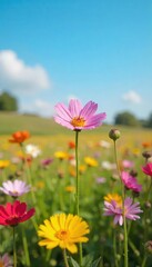 Fototapeta premium A vibrant single flower meadow bursting with wildflowers in full bloom under a clear blue sky Perfect for nature, spring, summer, and environmental themes , spring, outdoors