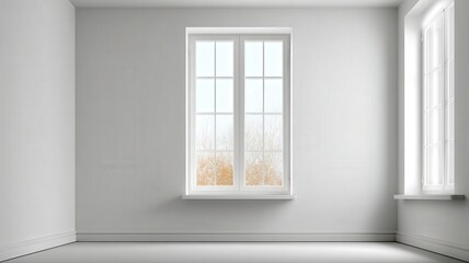 An empty white room with a single window letting in soft, natural light, minimalist background for mockups.