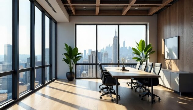 Modern, sleek NYC office space with large windows offering stunning city views Ideal for corporate, startup, or creative agency imagery Bright, minimalist design with natural light , downtown, clean