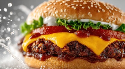 Juicy Cheeseburger with Sesame Bun, Lettuce, Tomato, and Ketchup