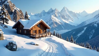 Fototapeta premium Cozy chalet nestled amidst snow-capped peaks, perfect for a thrilling mountain climbing adventure Imagine breathtaking views and invigorating climbs from this idyllic basecamp , vista, landscape