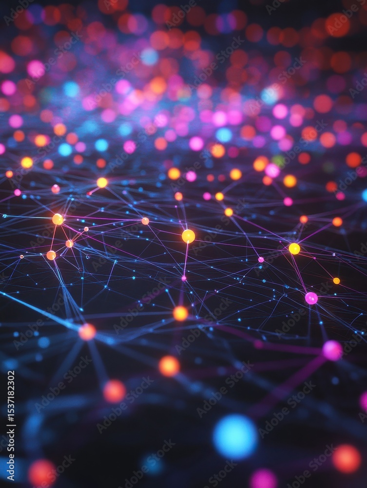Poster futuristic digital network with illuminated nodes and colorful data charts on a dark background