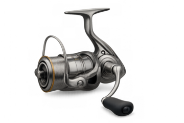 Modern fishing reel isolated on transparent background, ready for integration into your fishing-related designs